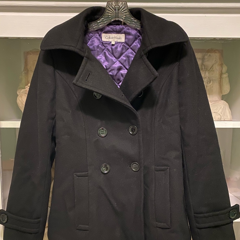 Calvin Klein double breasted peacoat black wool Women’s size 8 coat with hood